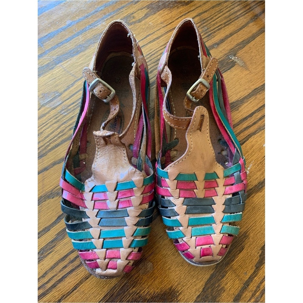 Mexican Sandals Huaraches Sz 7 Colorful Buckle T-Strap Handwoven Flat Boho